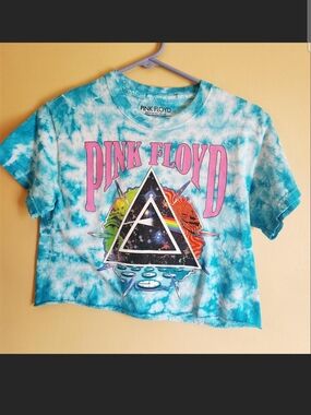 Pink Floyd Blue Tie-Dye Graphic Crop Tee with Pink Logo